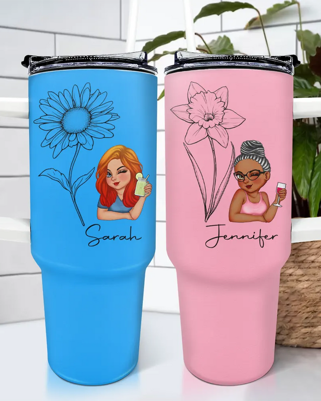 Personalized Birth Month Flowers Tumblers with Straw - Blue and Pink Stainless Steel, floral design, ideal gift.