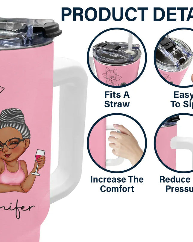 Personalized pink 40oz tumbler with floral design and custom name, featuring easy-to-use straw and lid. Ideal gift.