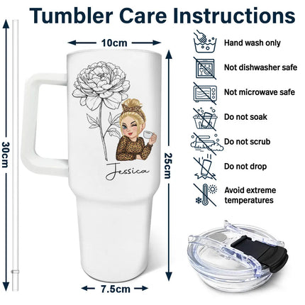 40oz Personalized Tumbler Care Instructions - Floral Sketch Design, Stainless Steel, with dimensions and care guide.