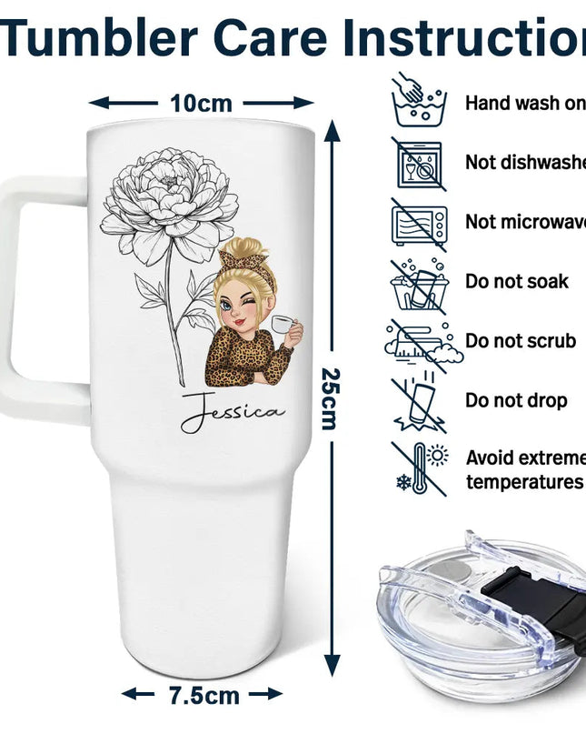 40oz Personalized Tumbler Care Instructions - Floral Sketch Design, Stainless Steel, with dimensions and care guide.