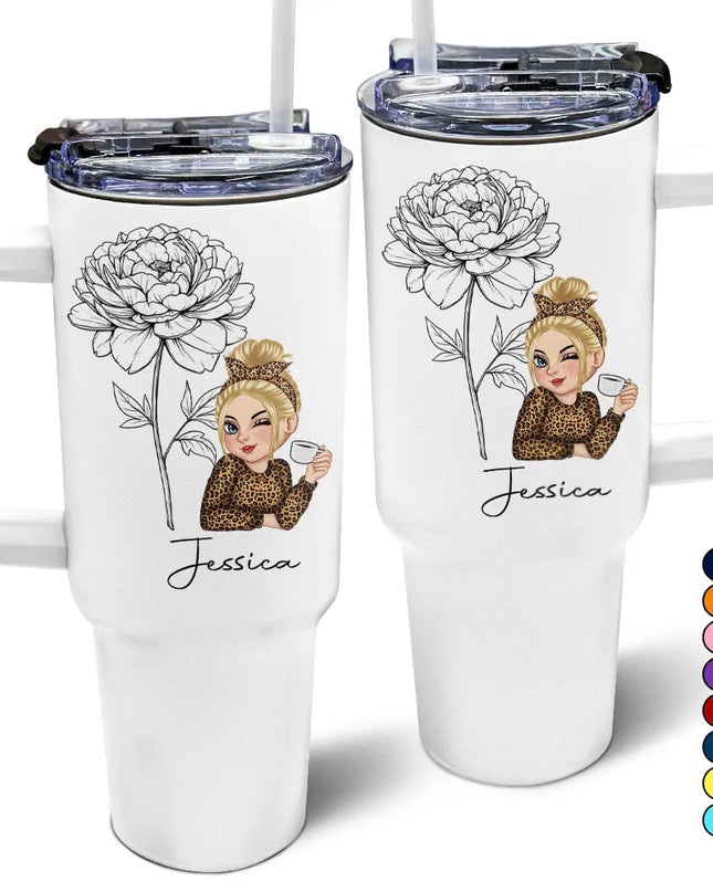 Personalized 40oz Tumbler with Straw - Bloom Where You're Planted floral sketch design, white stainless steel