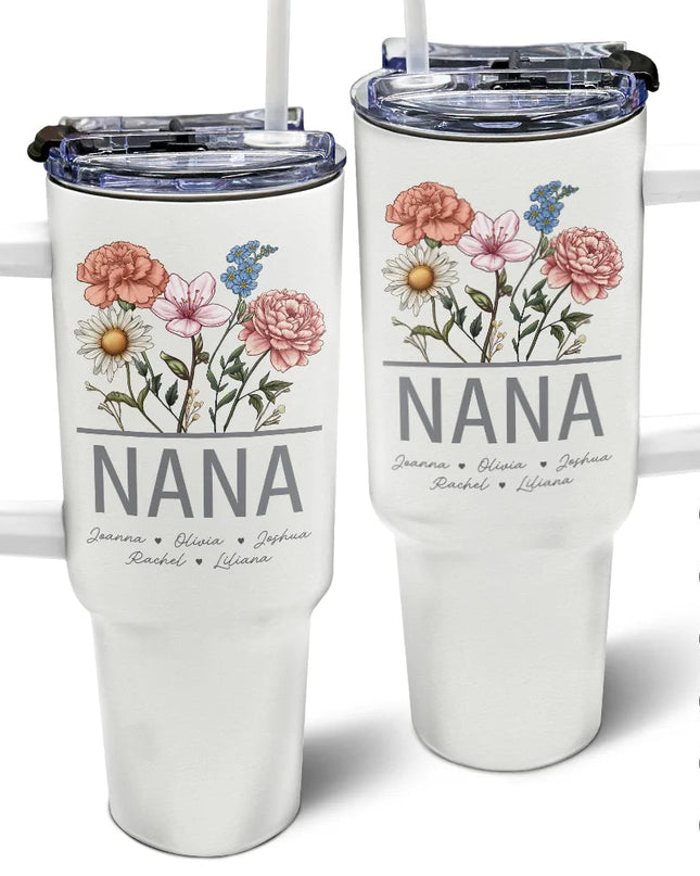 Nana Personalized Tumbler with Flowers, 40oz with Straw. Gift for Grandma, Mom. Insulated design.