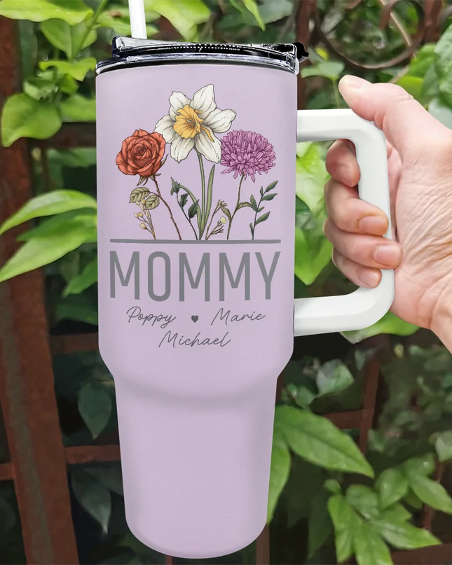 Mommy personalized 40oz tumbler with birth flowers. Lavender insulated stainless steel cup with handle and straw.