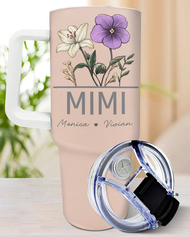 Personalized 40oz Tumbler with MIMI and birth flowers, insulated design, gift for grandma