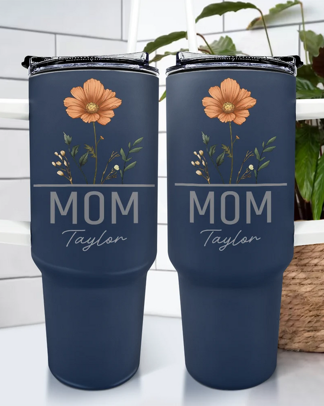 Personalized Mom 40oz Tumbler with Birth Flower, navy blue insulated cup with handle, a perfect gift for Mom