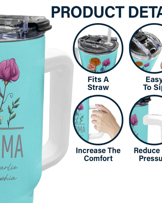 Personalized GRANDMA 40oz Tumbler with Birth Flowers, teal stainless steel cup with straw