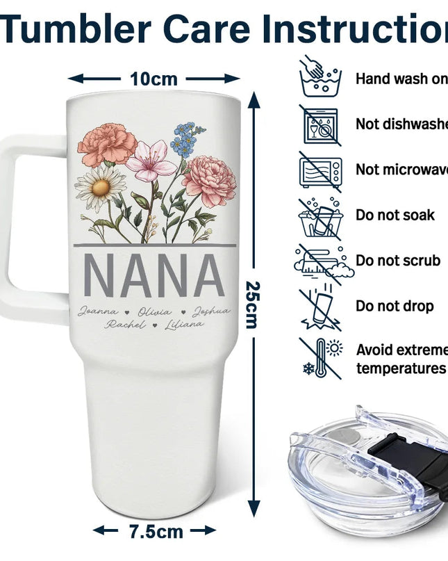 Nana tumbler with birth flowers, insulated stainless steel cup gift. Includes straw and care instructions.