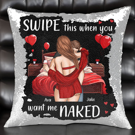 Personalized Sequin Pillow with 'Swipe this when you want me naked' message, romantic gift.