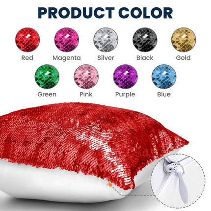Custom sequin pillow, color options: red, magenta, silver, black, gold, green, pink, purple, blue.