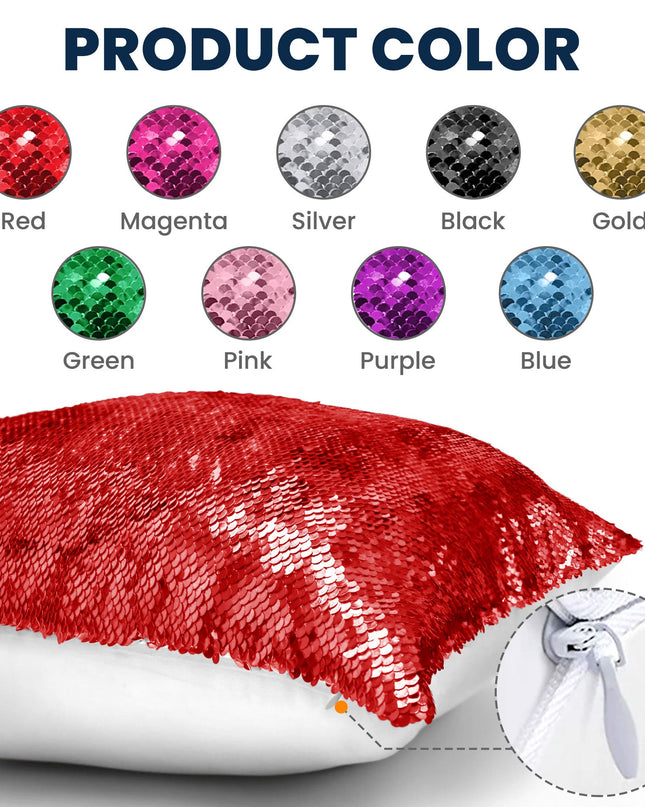 Custom sequin pillow, color options: red, magenta, silver, black, gold, green, pink, purple, blue.