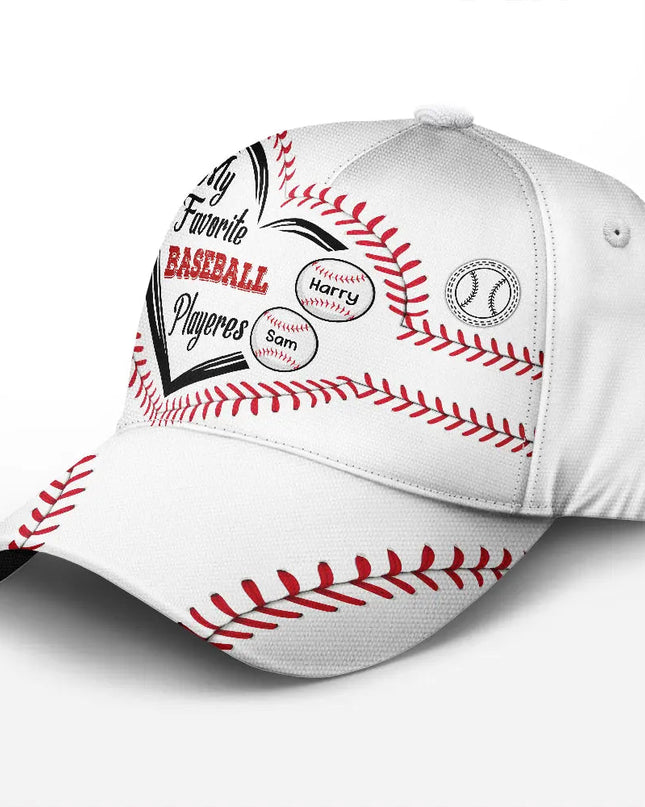 White personalized My Favorite Baseball Players cap, baseball design, polyester-cotton blend, adjustable fit