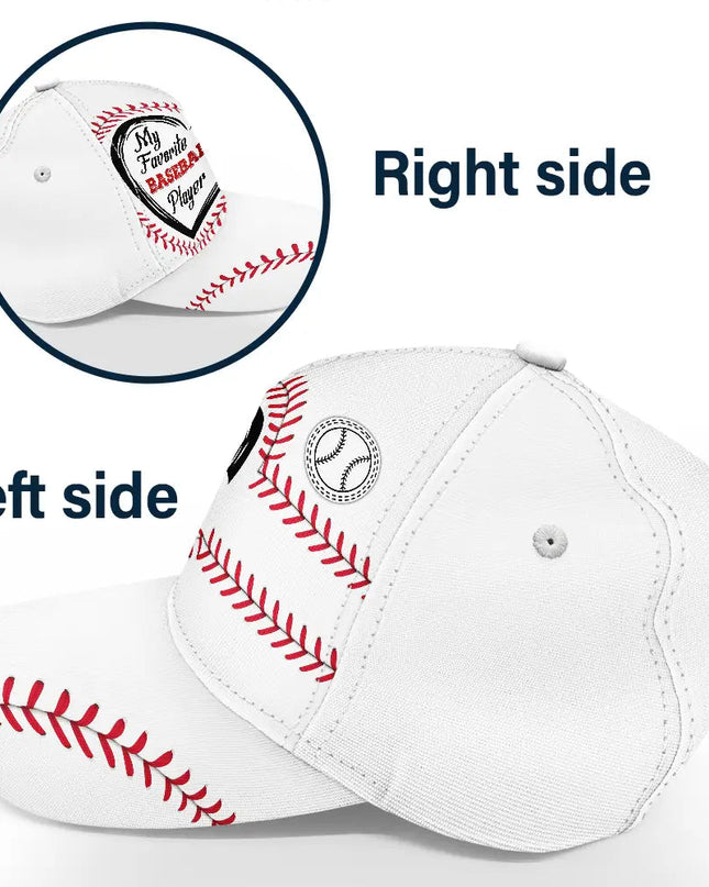 White personalized My Favorite Baseball Players cap with red stitching, polyester-cotton fabric, adjustable.