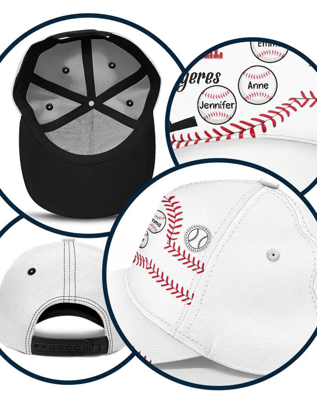 Personalized 'My Favorite Baseball Players' Cap. White, red stitching, polyester-cotton, adjustable. Gift for dad.