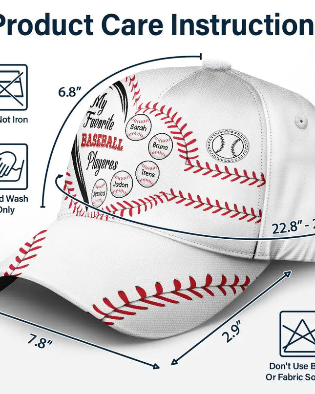 Personalized baseball cap with "My Favorite Baseball Players" design, white with red stitching, care instructions.