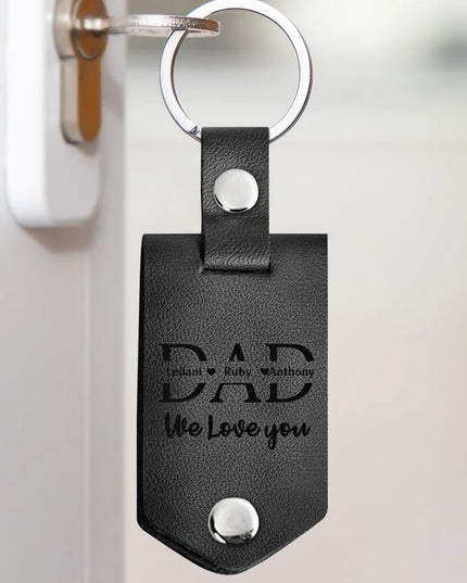 Personalized Black Leather Keychain for Dad, engraved with 'DAD I Need You Here With Me', a meaningful Father's Day gift.