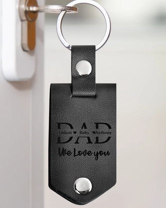 Personalized Black Leather Keychain for Dad, engraved with 'DAD I Need You Here With Me', a meaningful Father's Day gift.