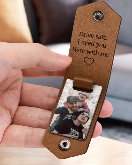 Photo Keychain for Dad, Brown Leather, Engraved with 'Drive Safe', Personalized Gift