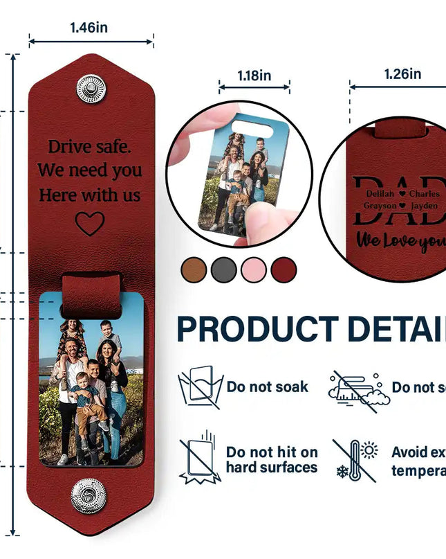Personalized Photo Keychain for Dad - Dark Red Leather with 'I Need You Here With Me' engraving, Father's Day Gift