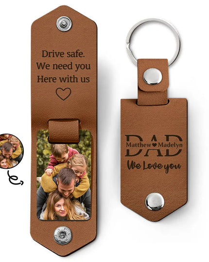 Custom Photo Leather Keychain - Brown, "I Love You" Engraved, Gift for Dad