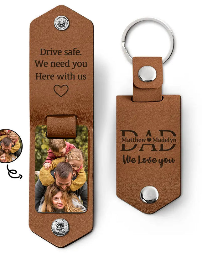 Custom Photo Leather Keychain - Brown, "I Love You" Engraved, Gift for Dad