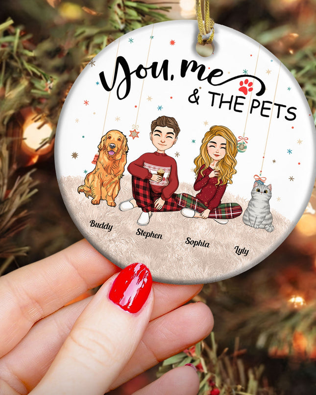 Personalized You, Me & The Pets ceramic ornament for family, custom Christmas decoration
