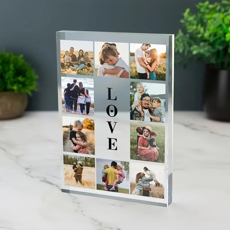 Customizable Photo Collage Acrylic Plaque -Family Memory Display with Love Sign,, No Electricity Needed