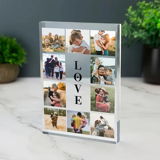 Customizable Photo Collage Acrylic Plaque -Family Memory Display with Love Sign,, No Electricity Needed
