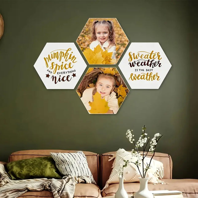 4 Modern Hexagon Custom Photo Print Collage Frames, Horizontal Layout