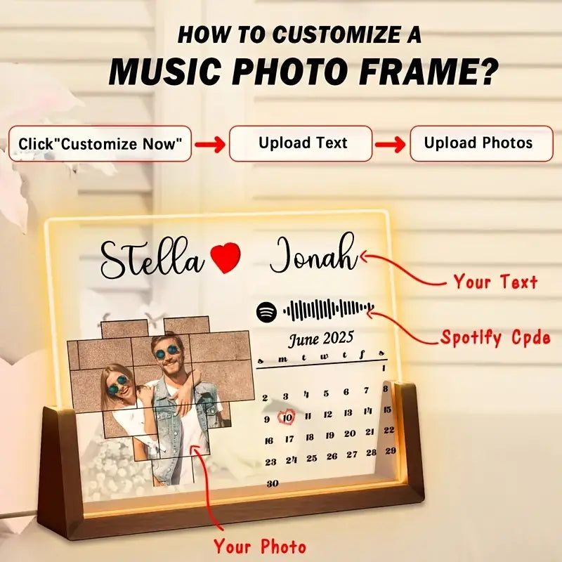 2D Flat, 1pc Personalized Acrylic Nightlight Photo Frame with Custom Photos & Music – Romantic USB-Powered Gift for Couples,