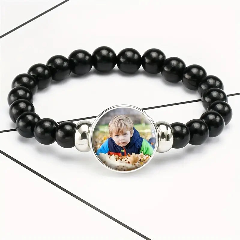 Custom Black Beaded Time Synthetic Glass Bracelet Family Photos,