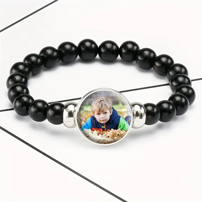 Custom Black Beaded Time Synthetic Glass Bracelet Family Photos,