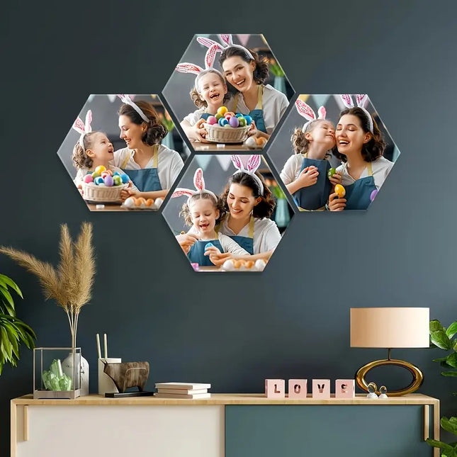 4 Modern Hexagon Custom Photo Print Collage Frames, Horizontal Layout