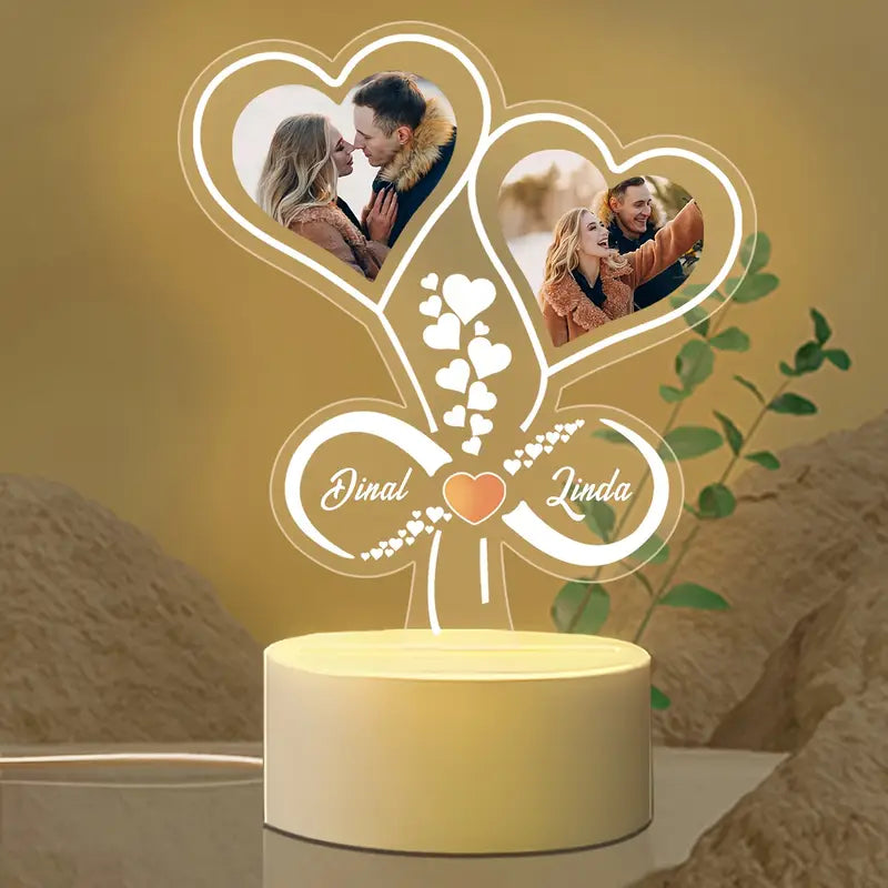 Customized Infinity Heart Night Light with Photo Frame, Weddings, Anniversaries, Romantic
